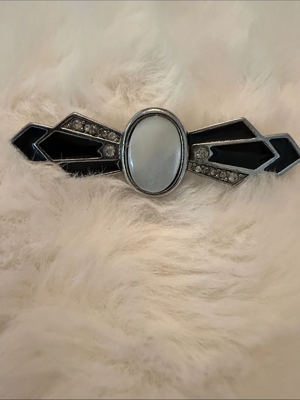Silver-Tone Black & White Oval Bar Brooch